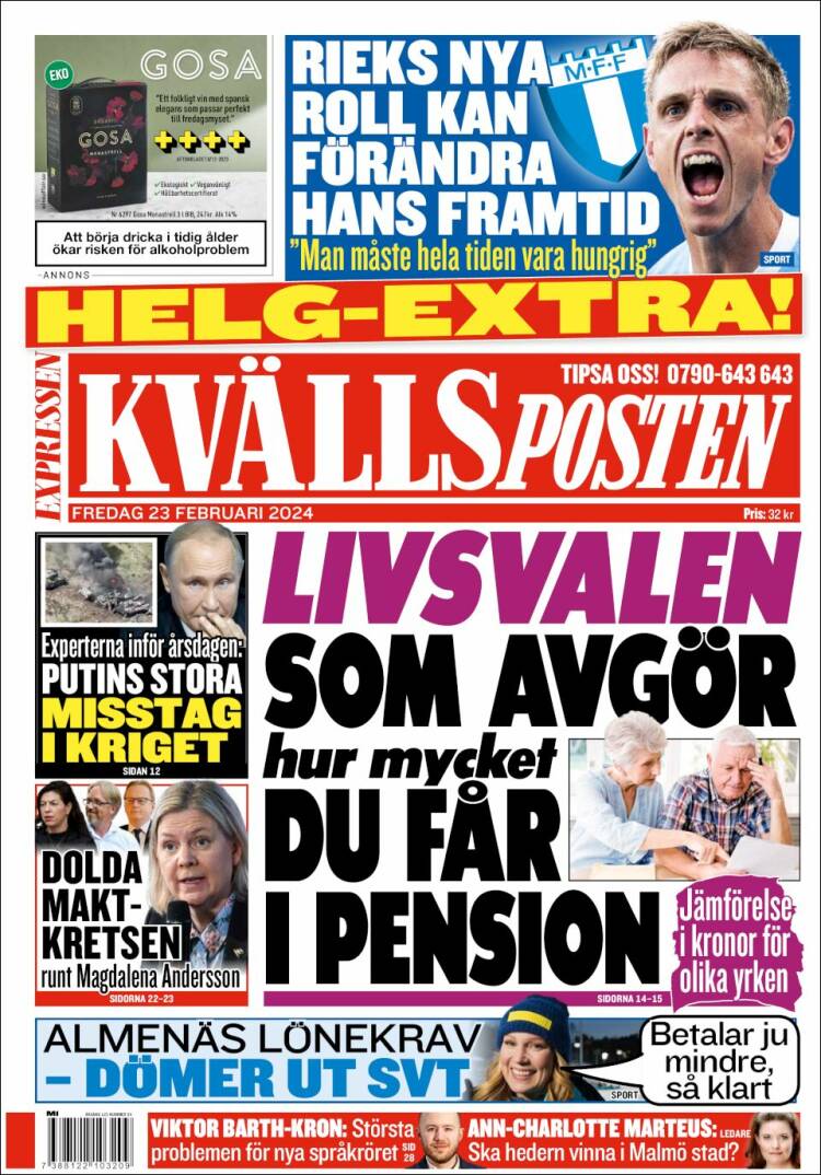 Portada de Kvällsposten (Suecia)