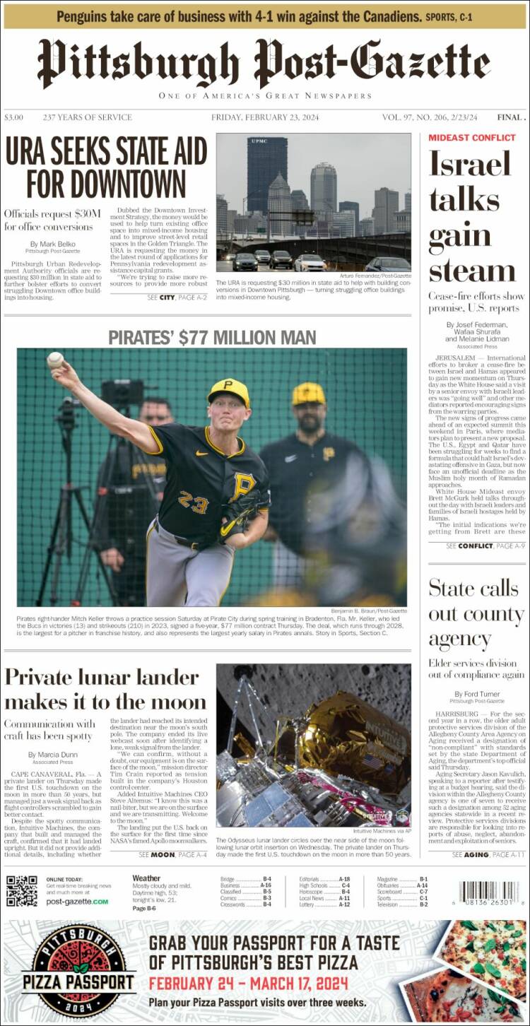 Portada de Pittsburgh Post-Gazette (USA)