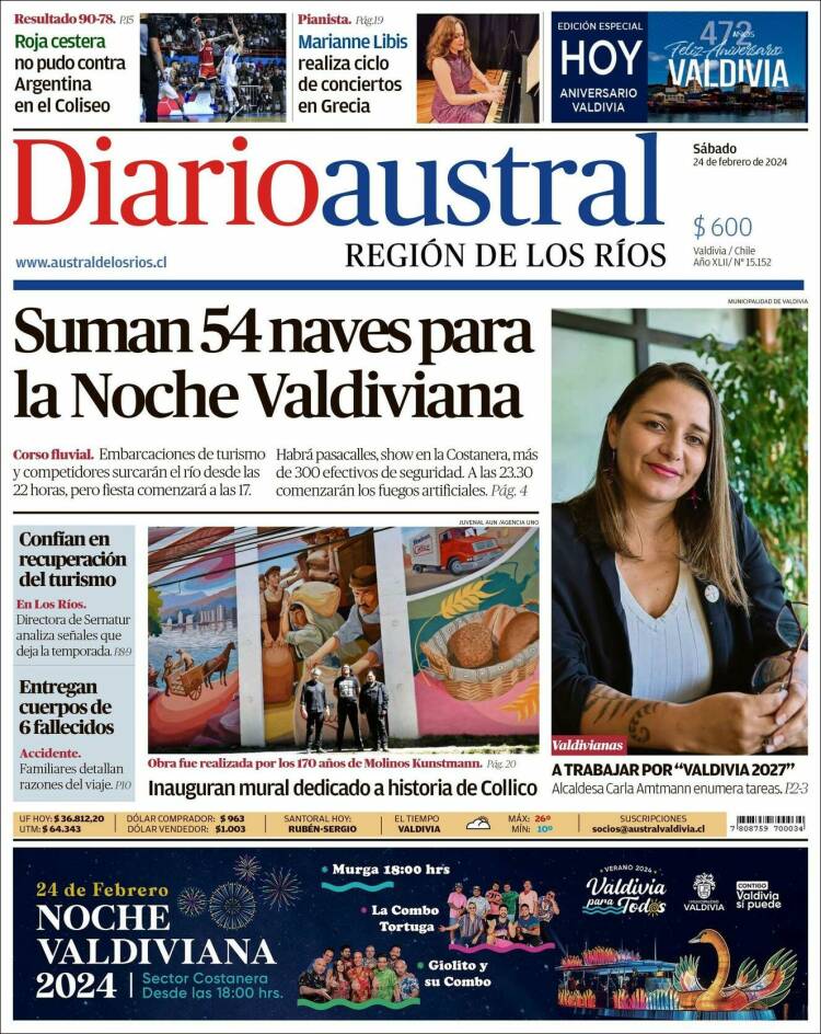 Portada de El Diario Austral de Valdivia (Chile)