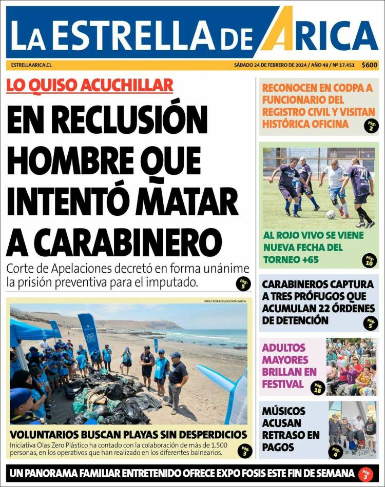 Portada de La Estrella de Arica (Chile)