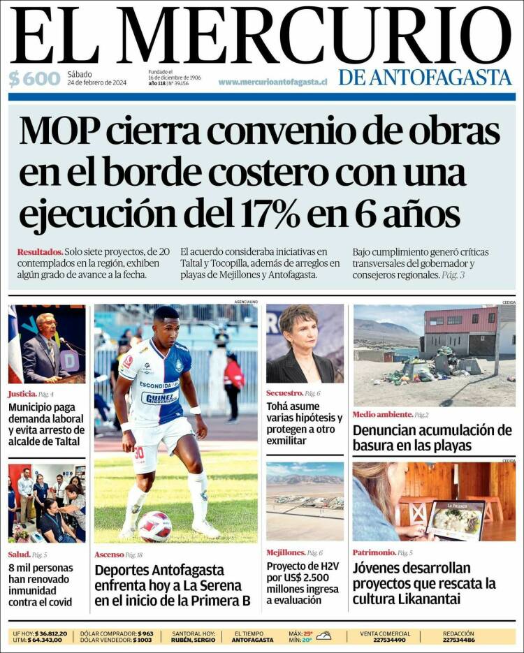 Portada de El Mercurio de Antofagasta (Chile)