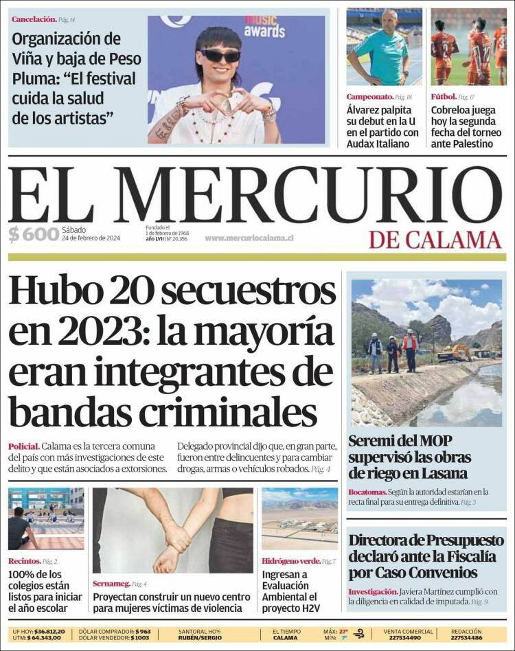 Portada de El Mercurio - Calama (Chile)