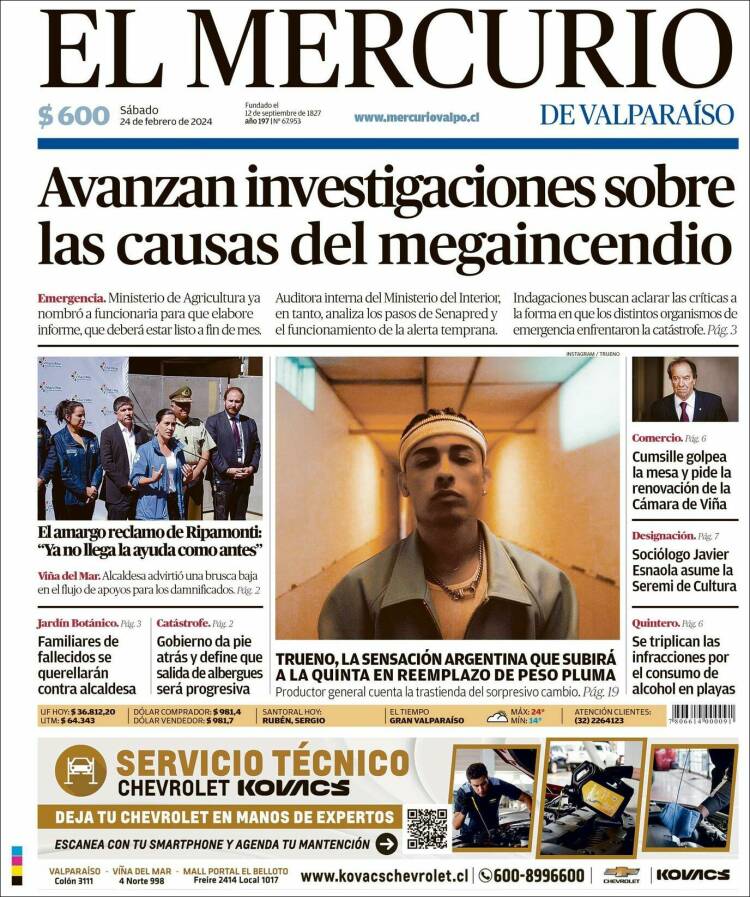 Portada de Mercurio de Valparaiso (Chile)