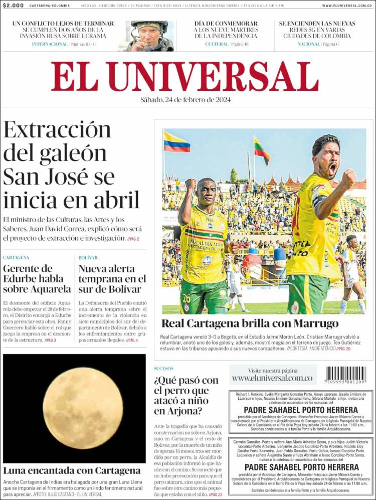 Portada de El Universal (Colombia)