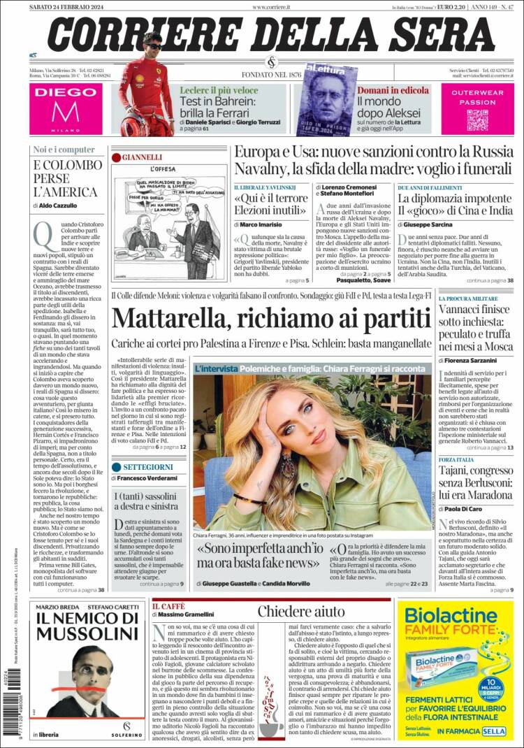 Portada de Corriere della Sera (Italia)