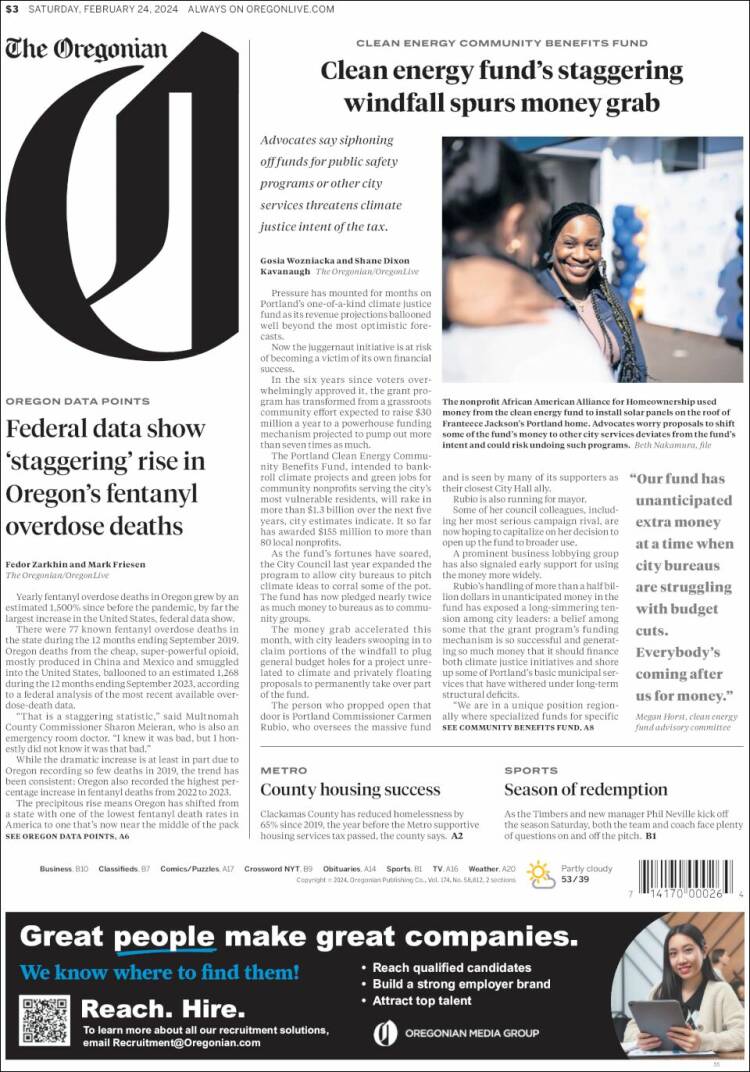 Portada de The Oregonian (USA)