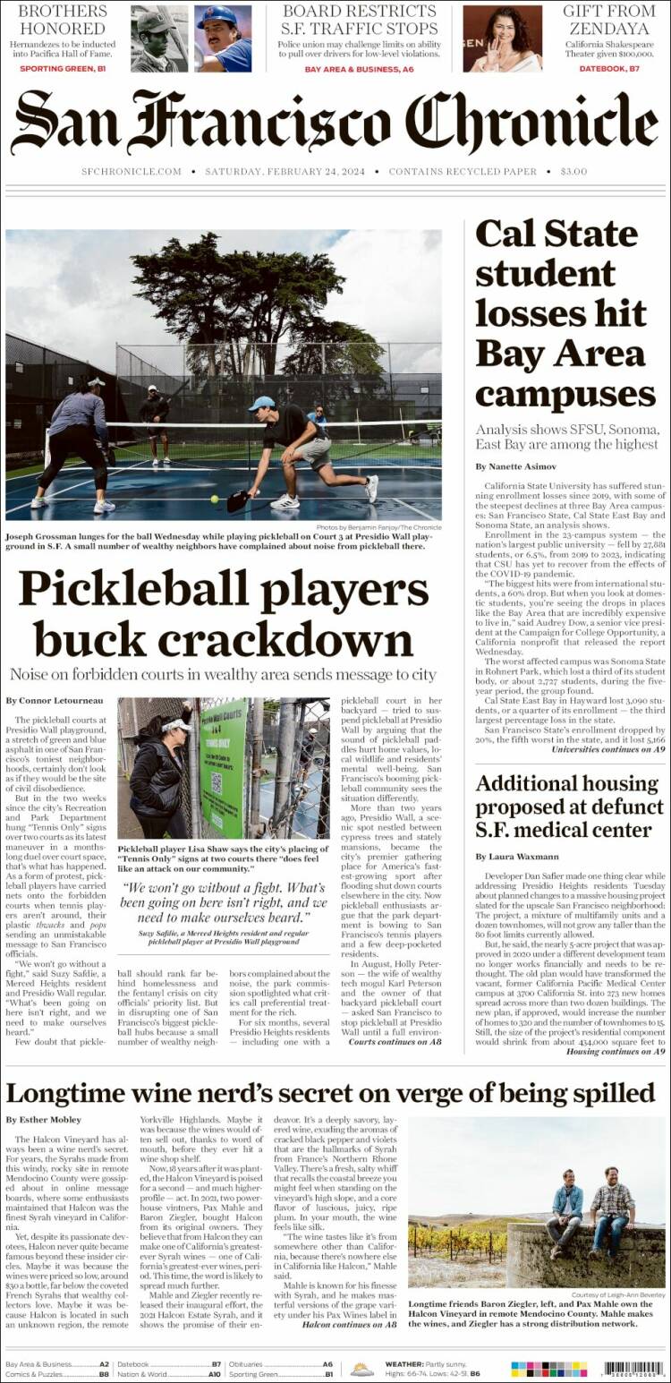 Portada de San Francisco Chronicle (USA)