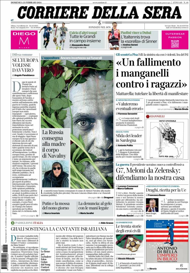 Portada de Corriere della Sera (Italia)