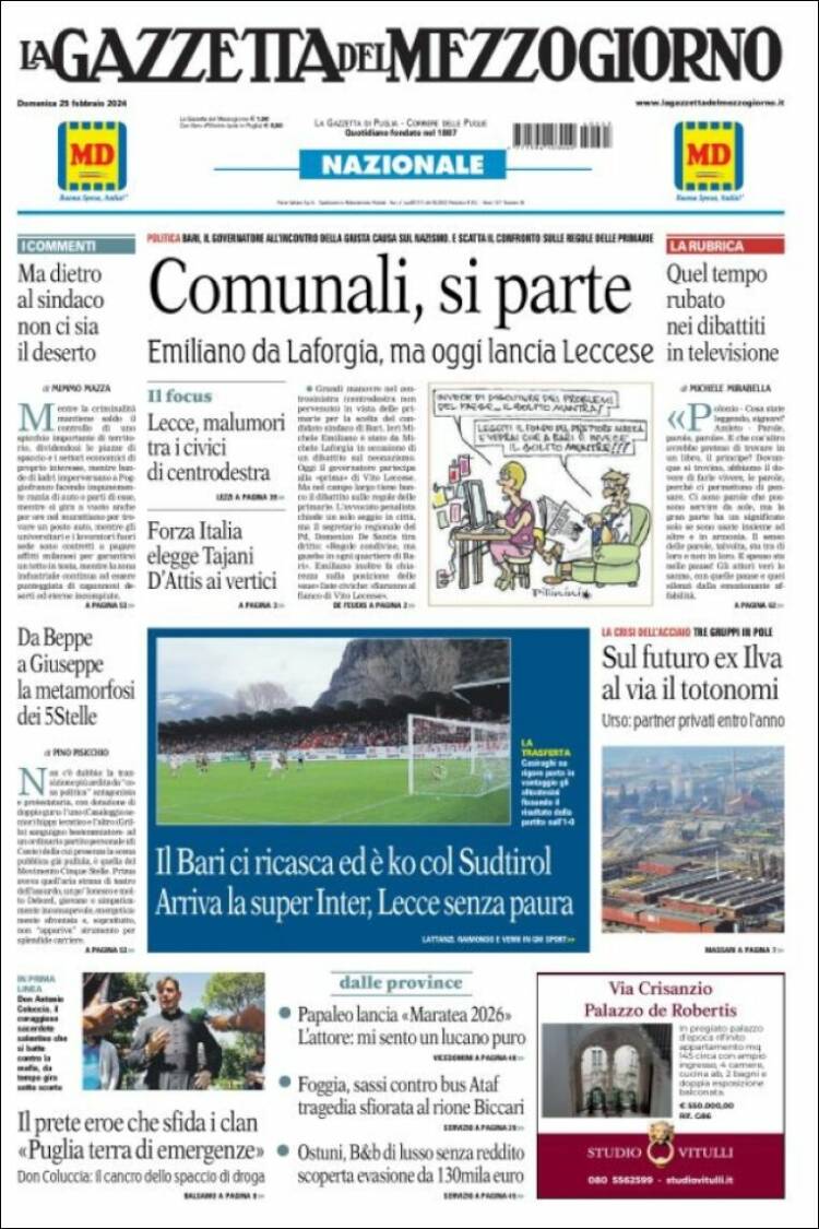 Portada de La Gazzetta del Mezzogiorno (Italia)