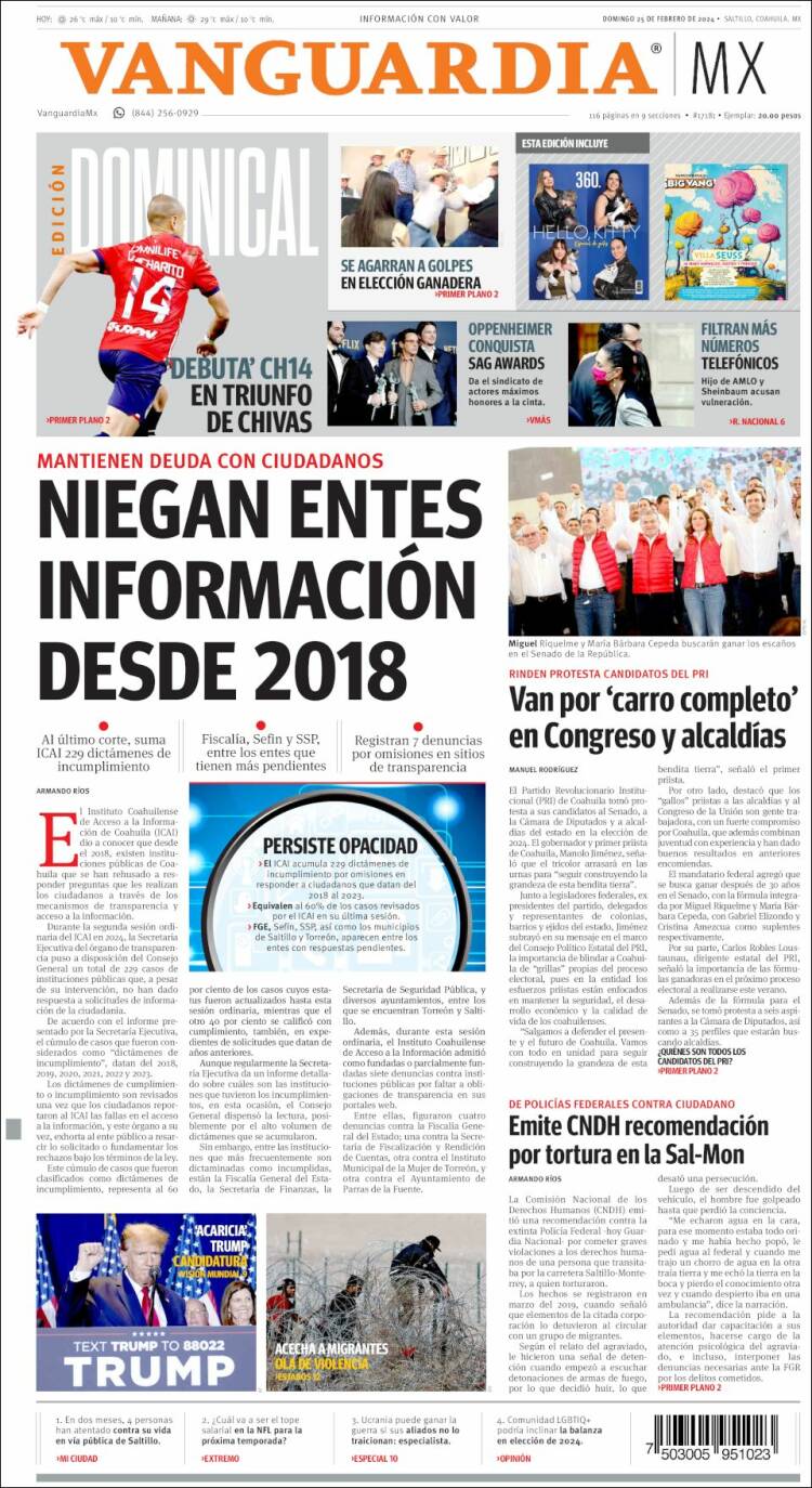 Portada de Vanguardia (M&eacute;xico)