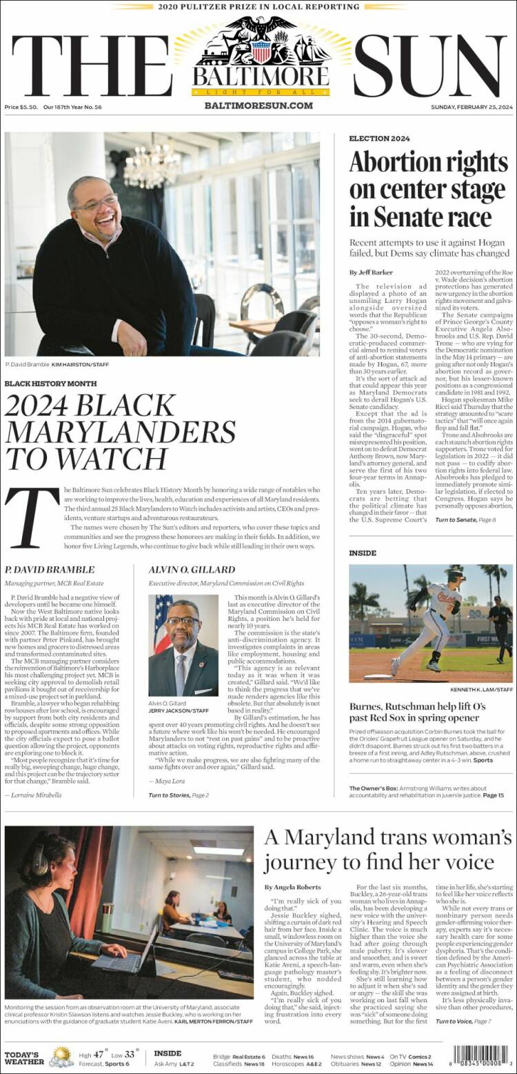 Portada de The Baltimore Sun (USA)
