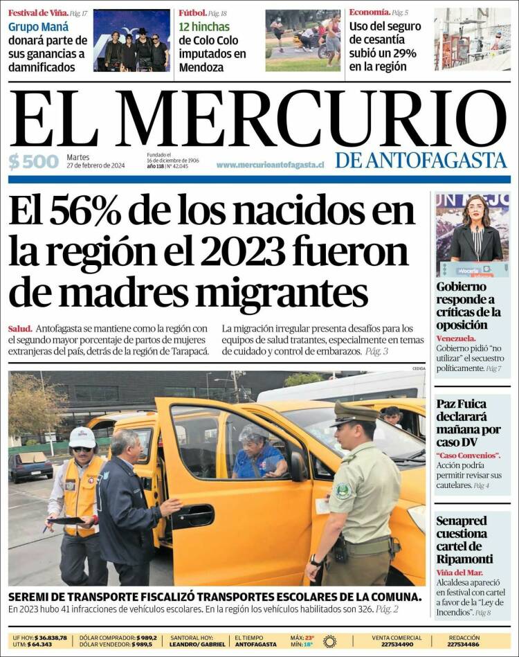 Portada de El Mercurio de Antofagasta (Chile)