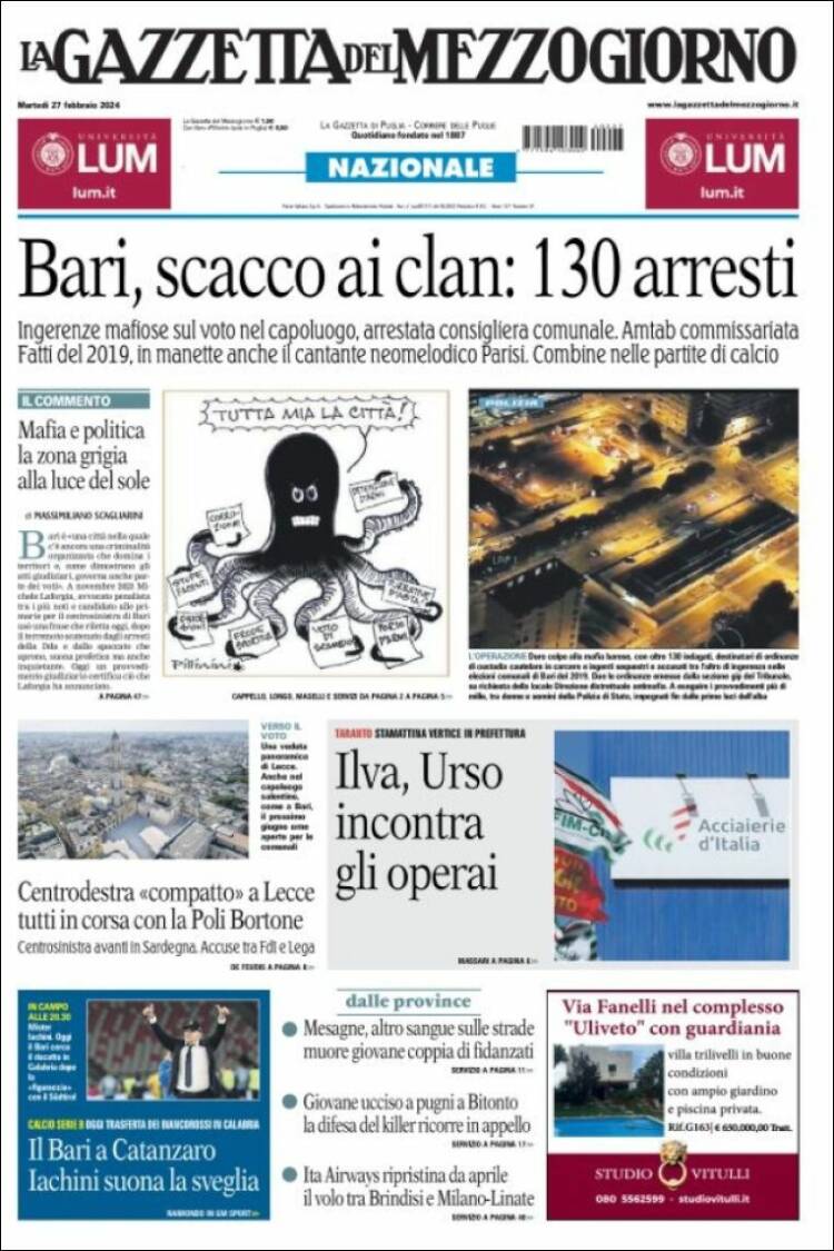 Portada de La Gazzetta del Mezzogiorno (Italia)