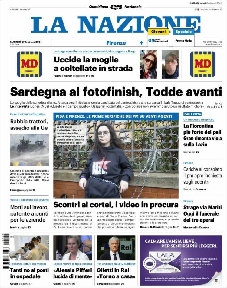 Portada de La Nazione (Italia)