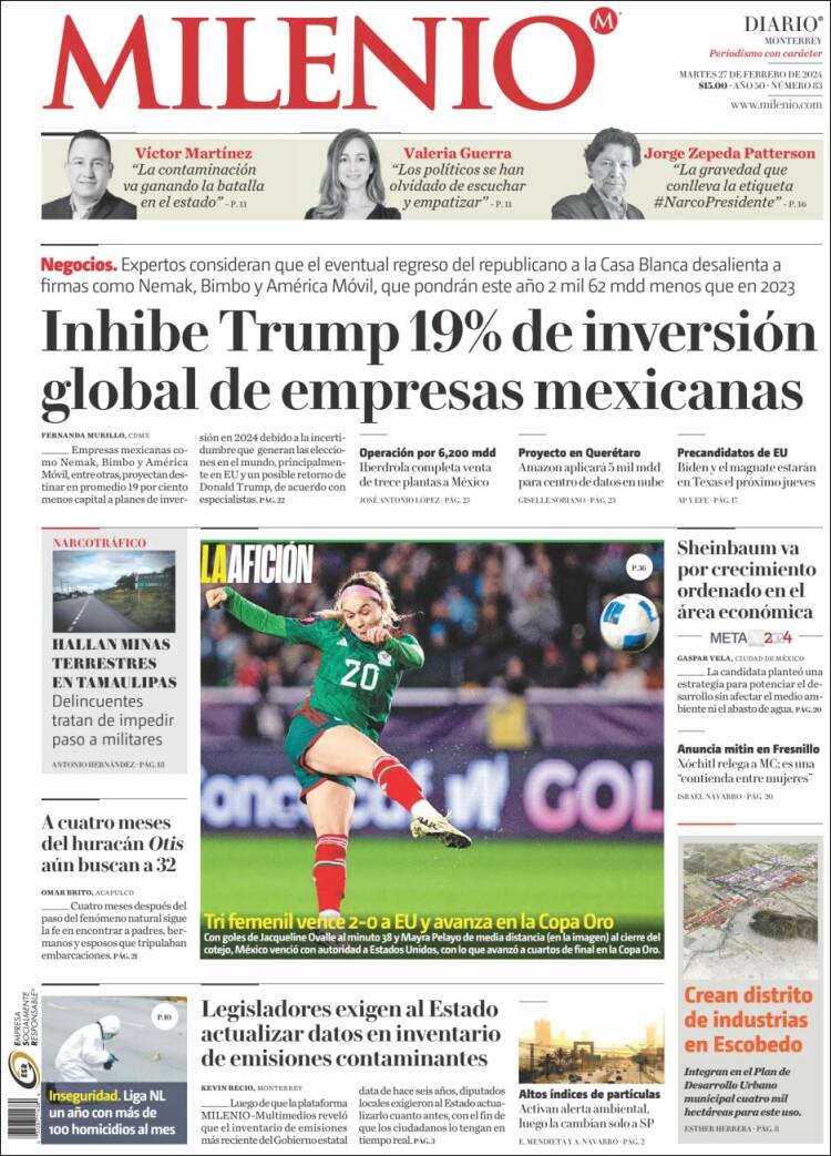 Portada de Milenio de Monterrey (México)