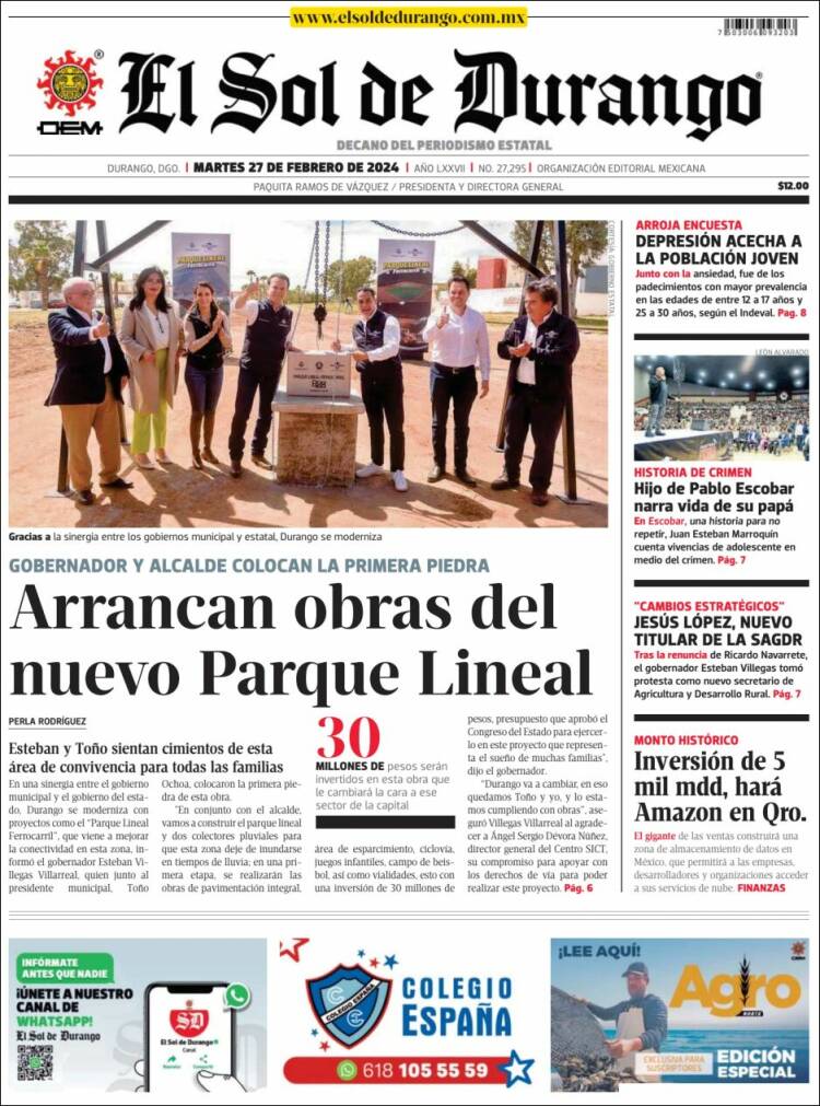 Portada de El Sol de Durango (México)