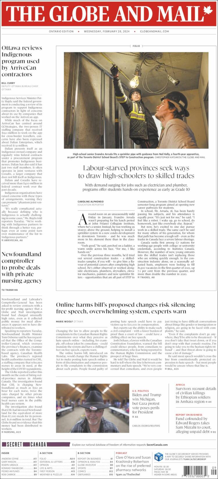 Portada de The Globe and Mail (Canadá)