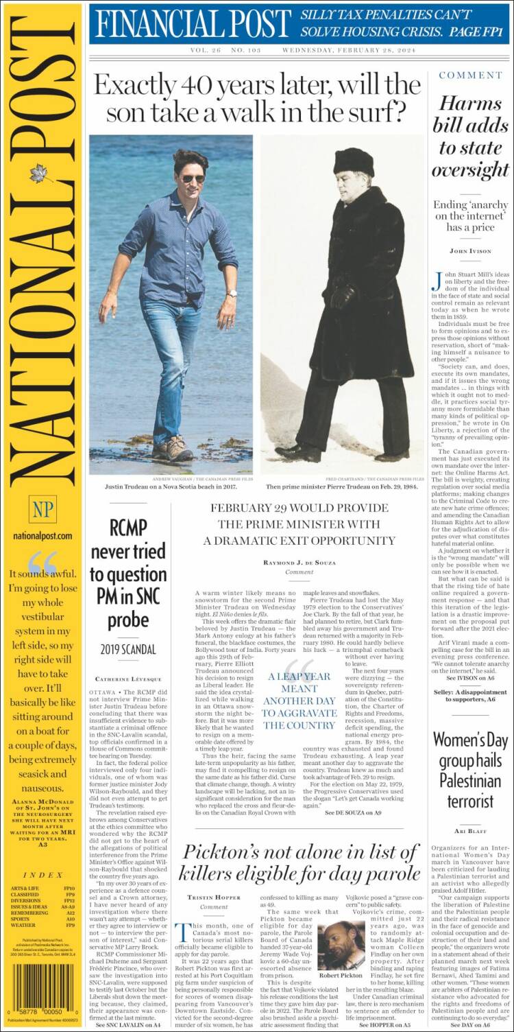 Portada de The National Post (Canadá)