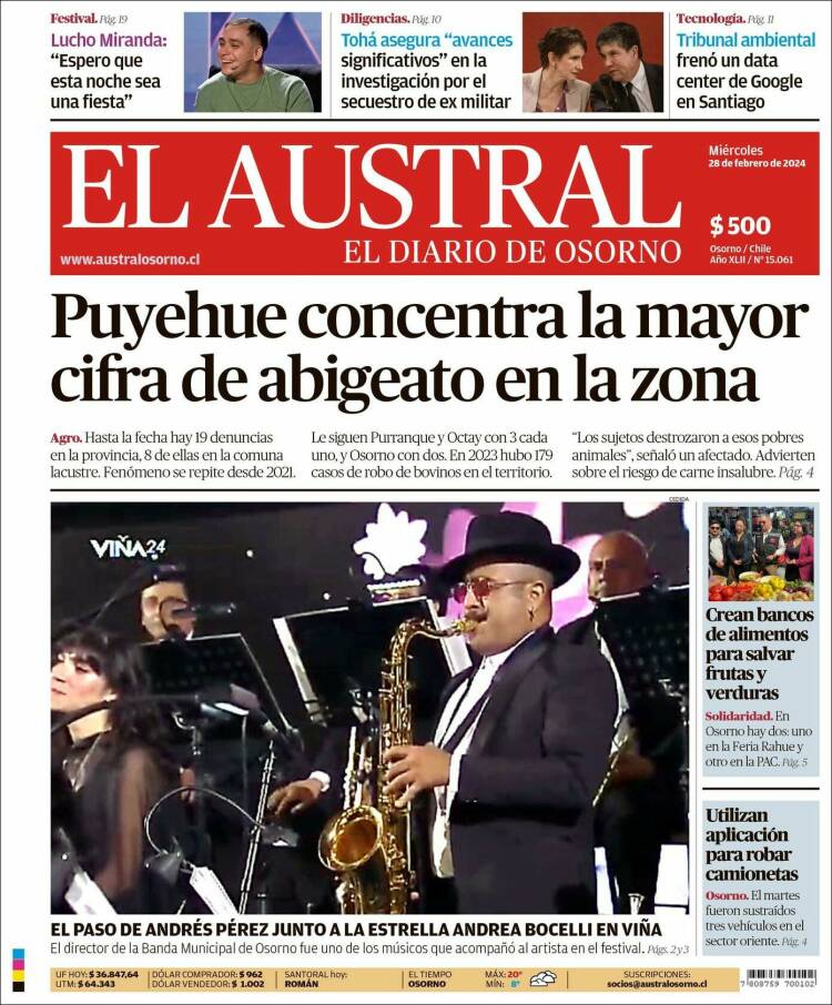 Portada de El Austral de Osorno (Chile)
