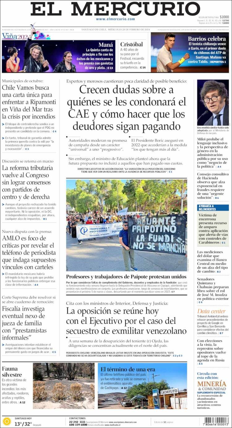 Portada de El Mercurio (Chile)