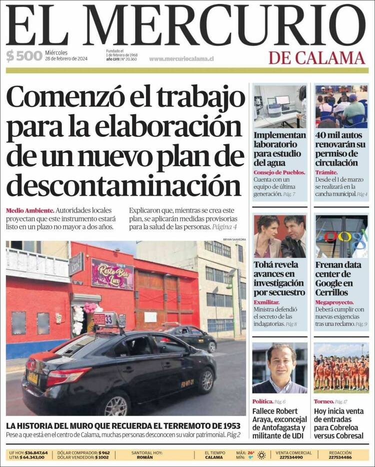 Portada de El Mercurio - Calama (Chile)
