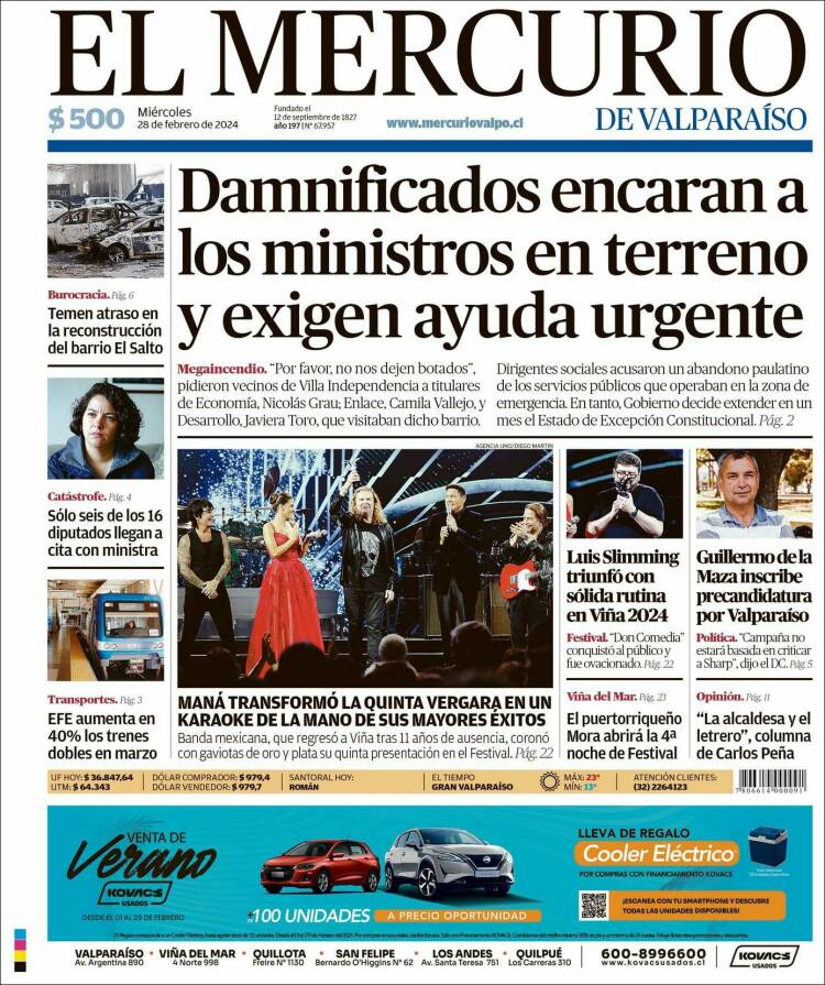 Portada de Mercurio de Valparaiso (Chile)