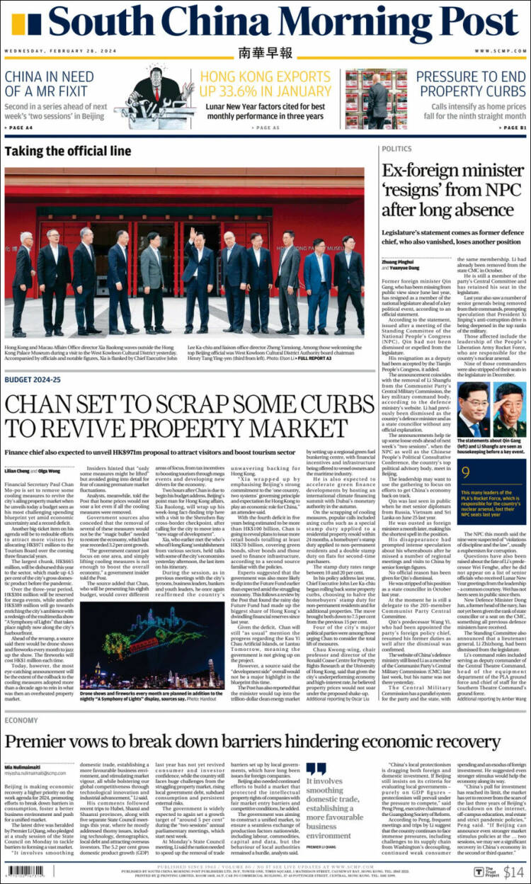 Portada de South China Morning Post (China)