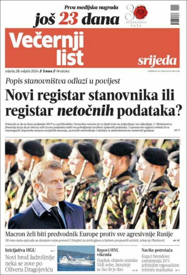 Portada de Večernji (Croacia)