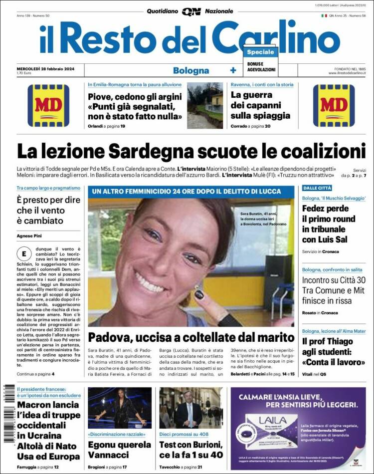Portada de Il Resto del Carlino (Italia)