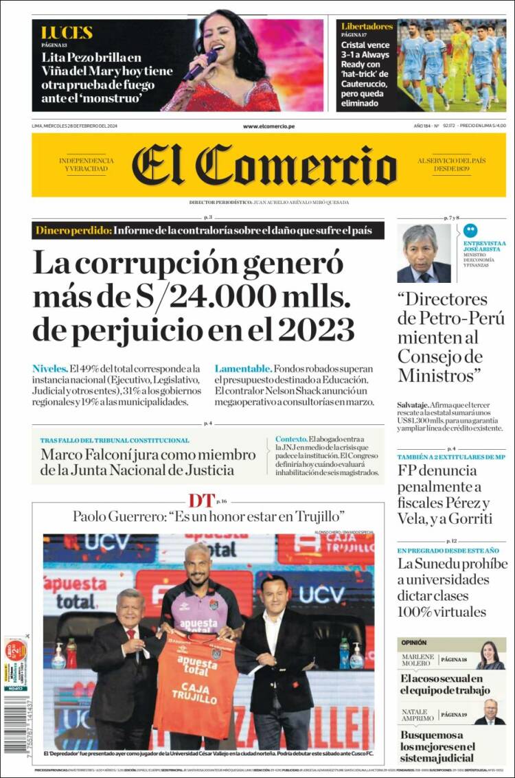 Portada de El Comercio (Per&uacute;)