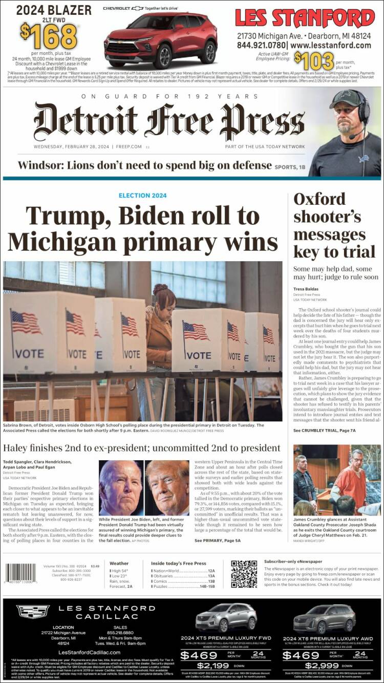 Portada de Detroit Free Press (USA)