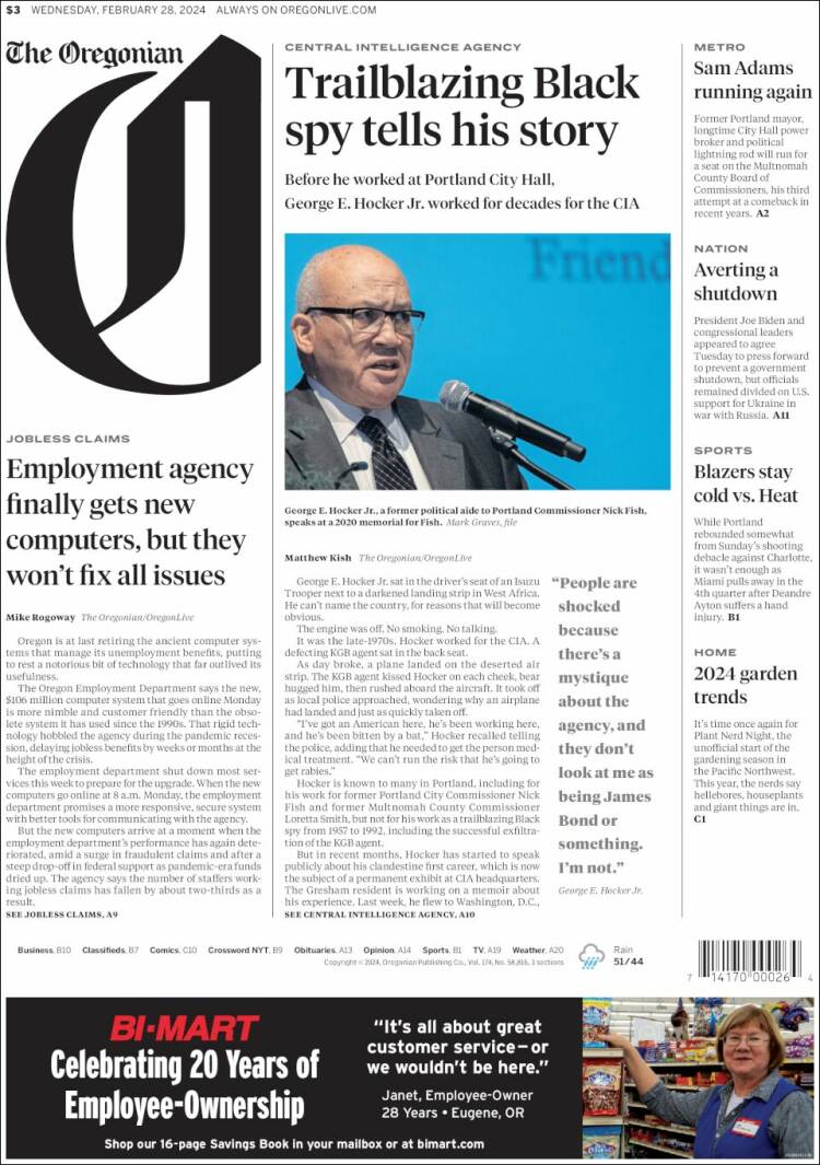 Portada de The Oregonian (USA)