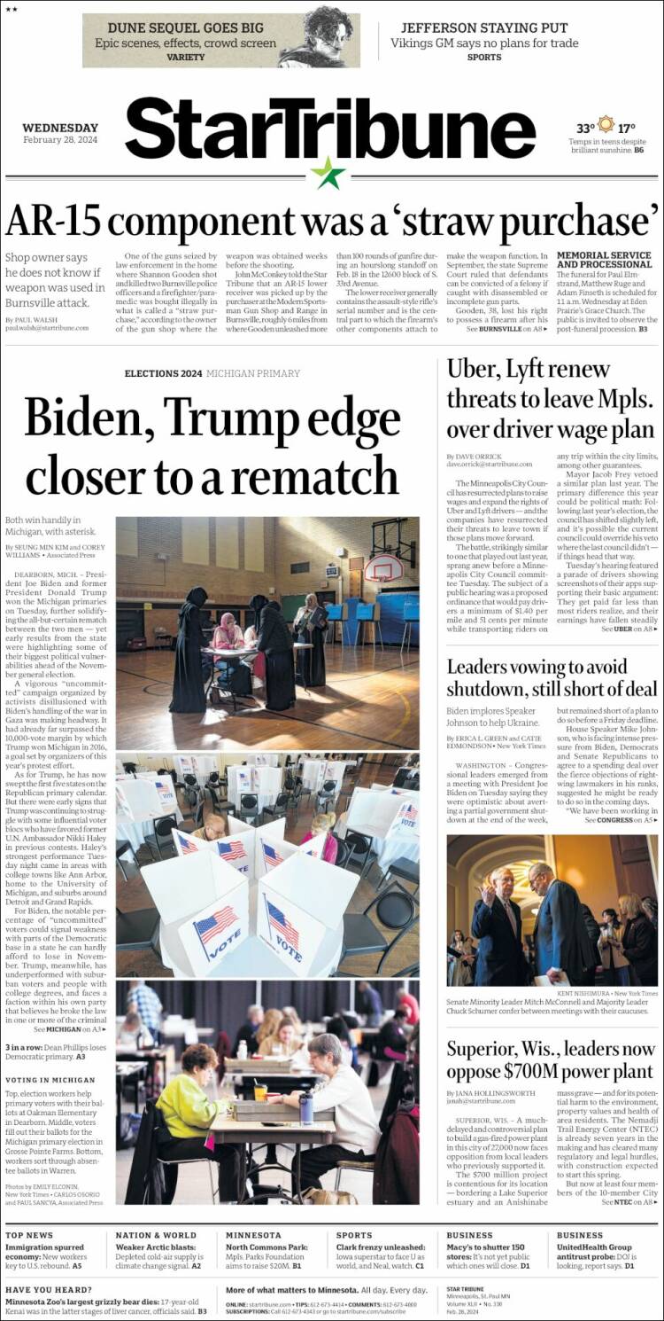 Portada de Star Tribune (USA)