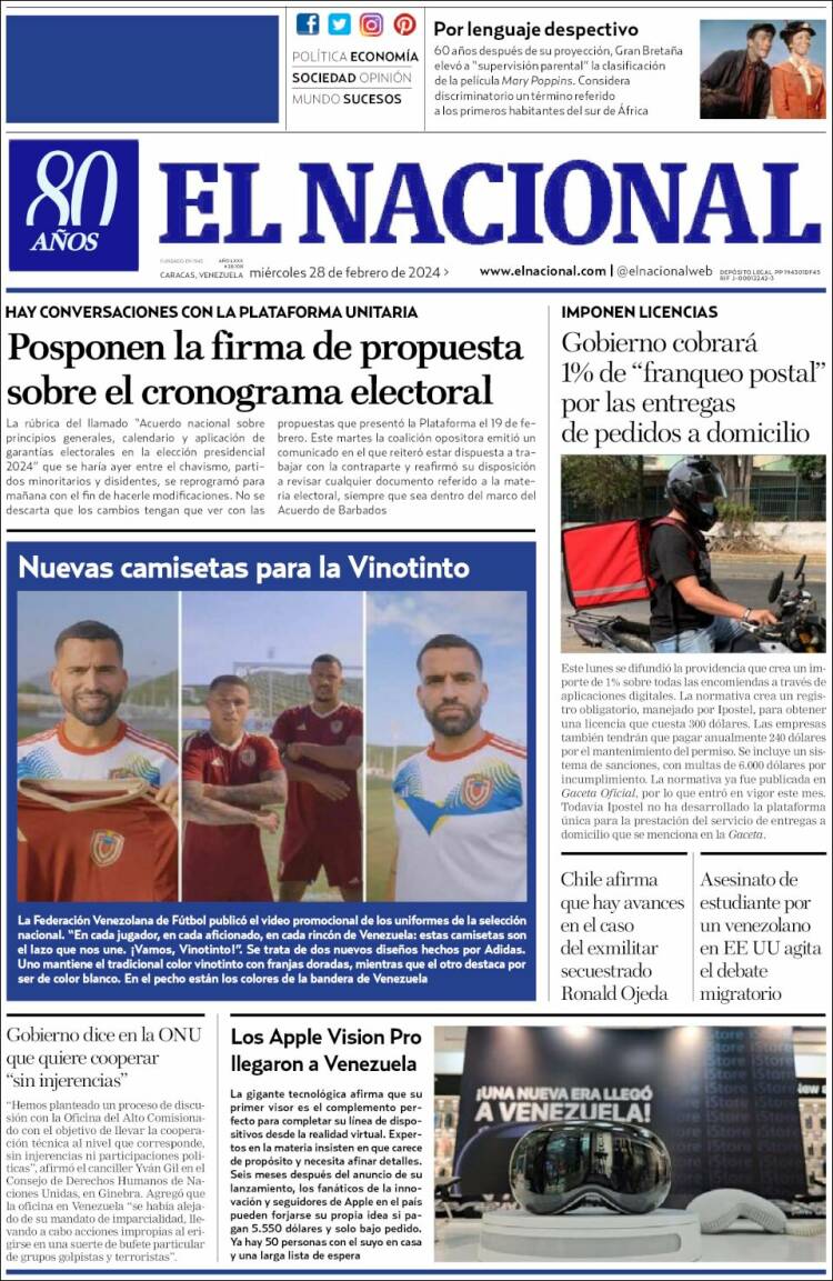 Portada de El Nacional (Venezuela)