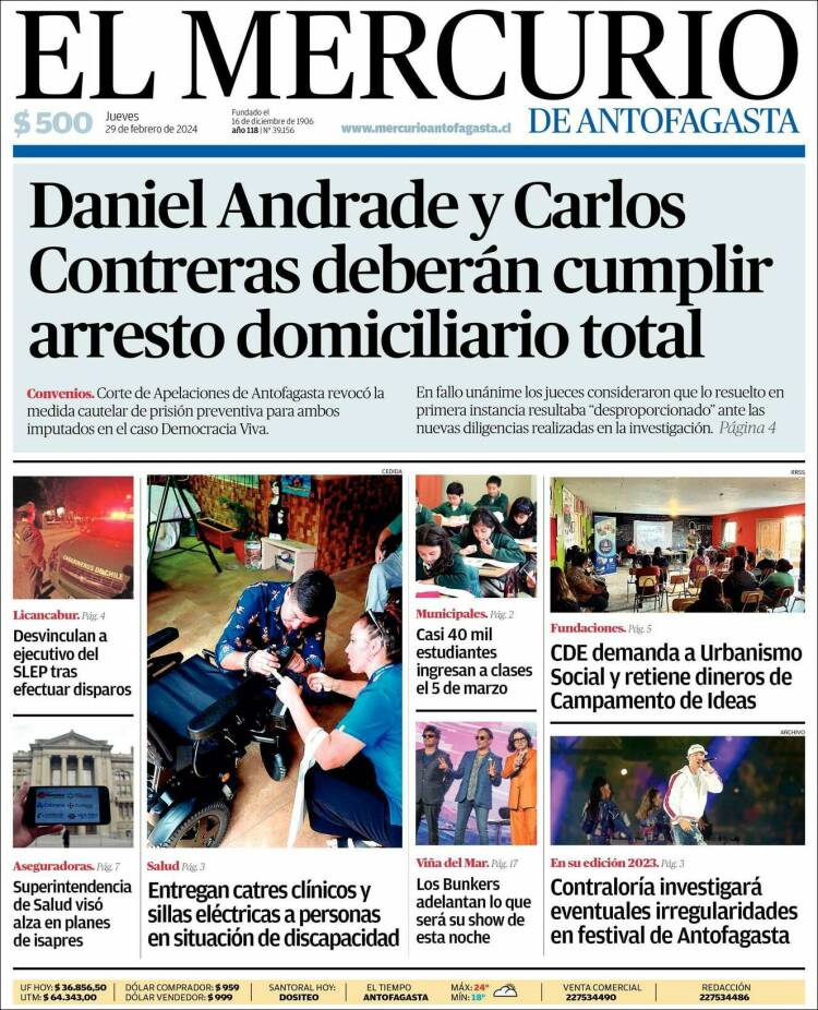 Portada de El Mercurio de Antofagasta (Chile)