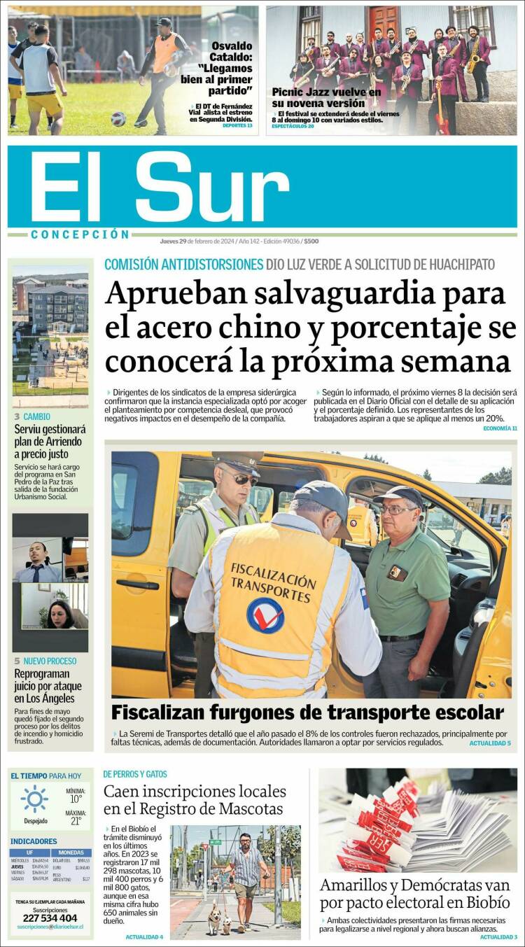 Portada de El Sur (Chile)