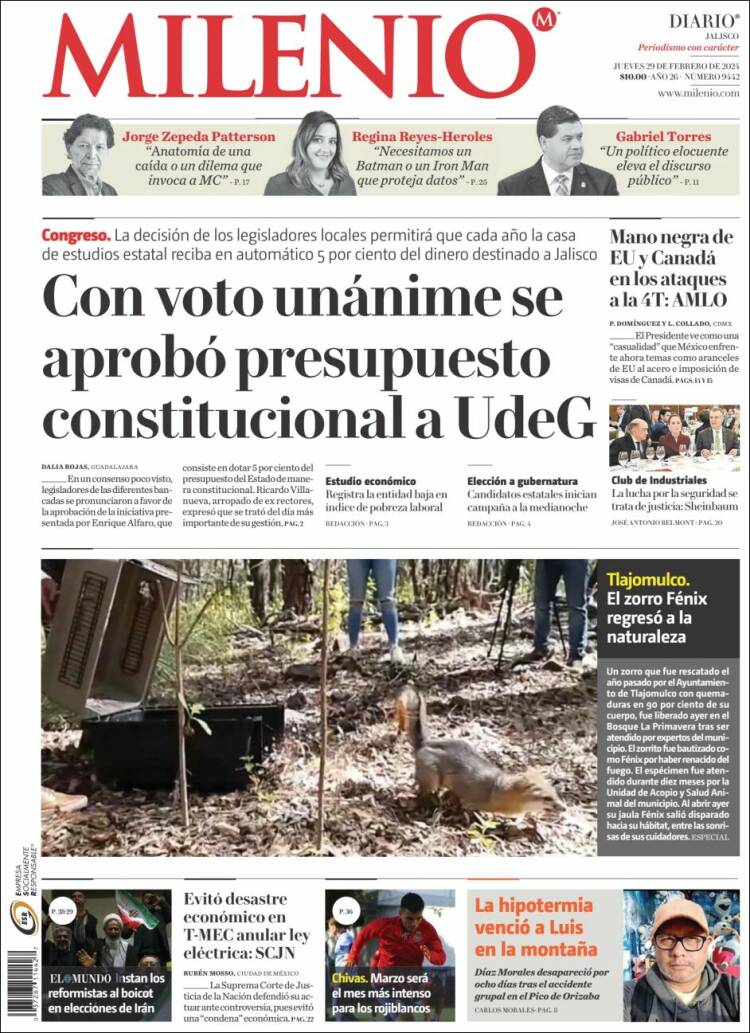 Portada de Milenio - Jalisco (México)