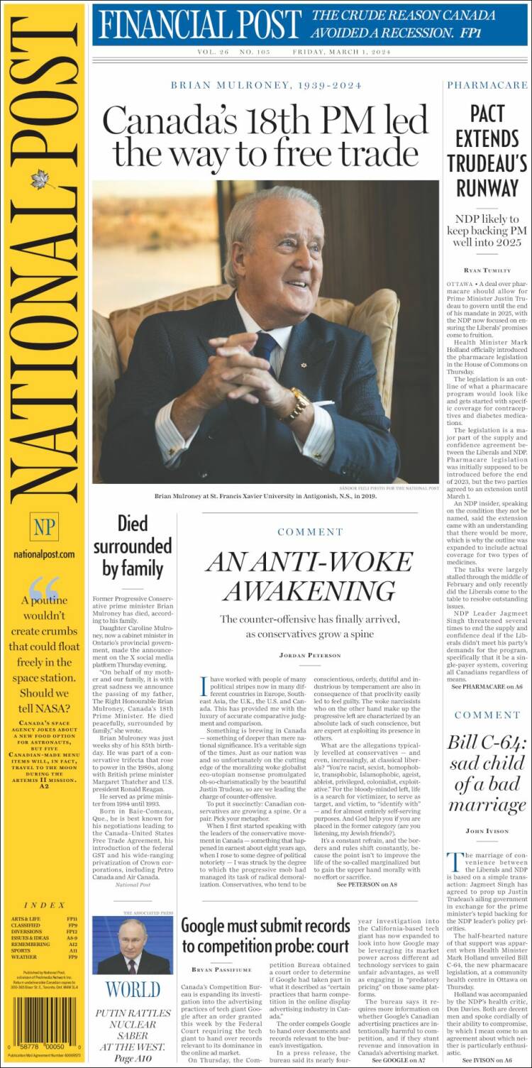 Portada de The National Post (Canadá)