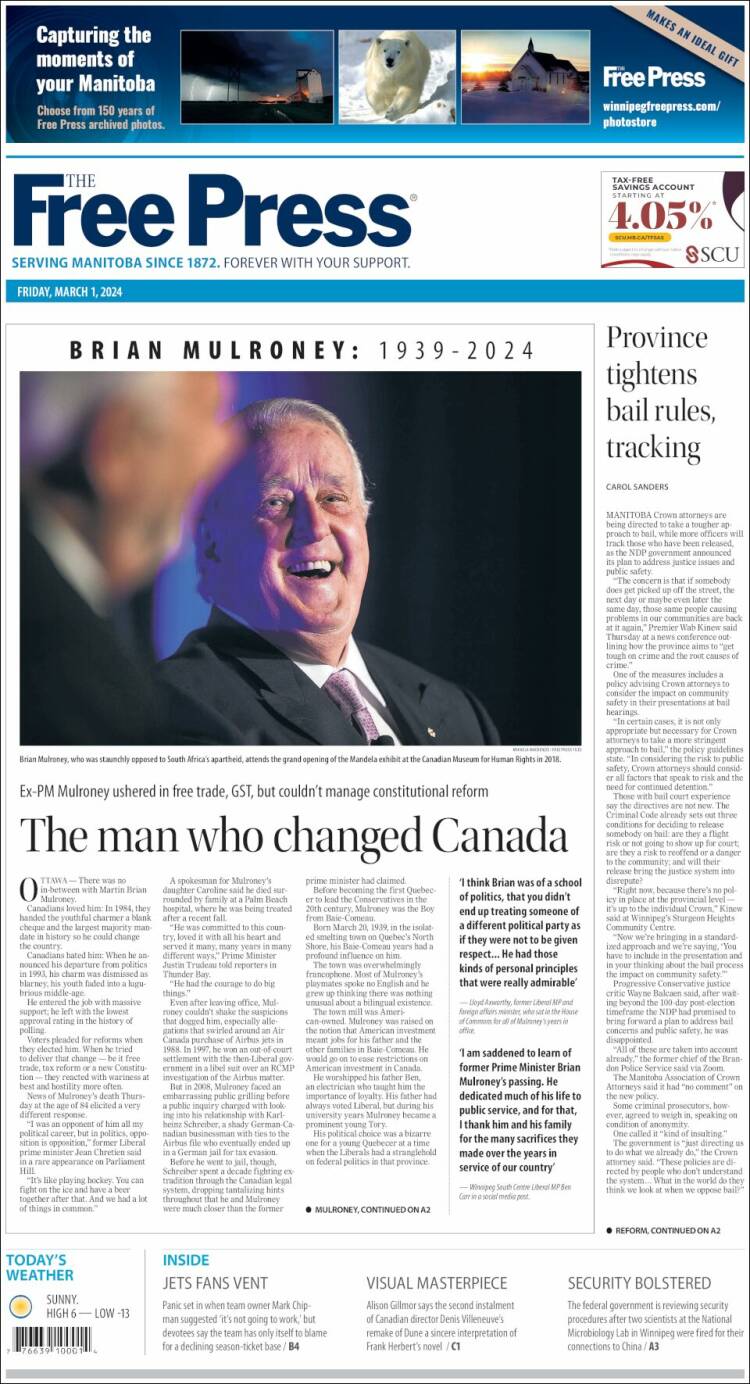 Portada de Winnipeg Free Press (Canadá)