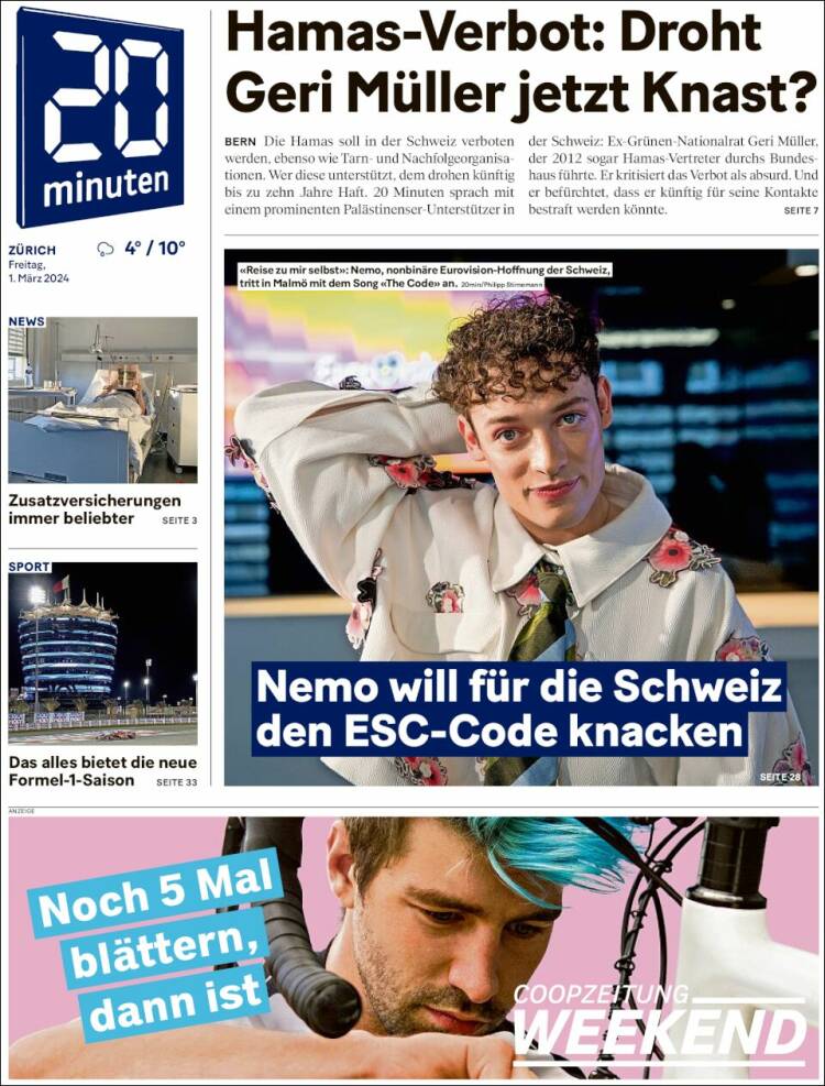 Portada de 20Minuten - Zürich (Suiza)