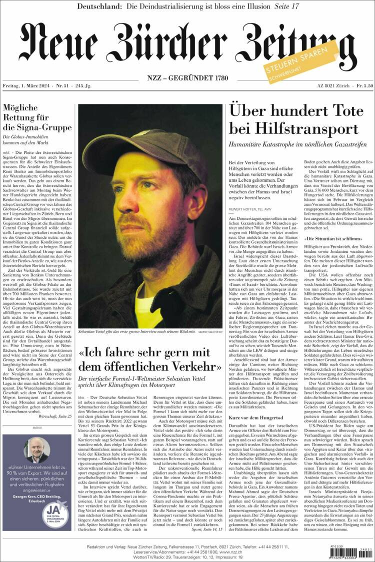 Portada de Neue Zürcher Zeitung (Suiza)