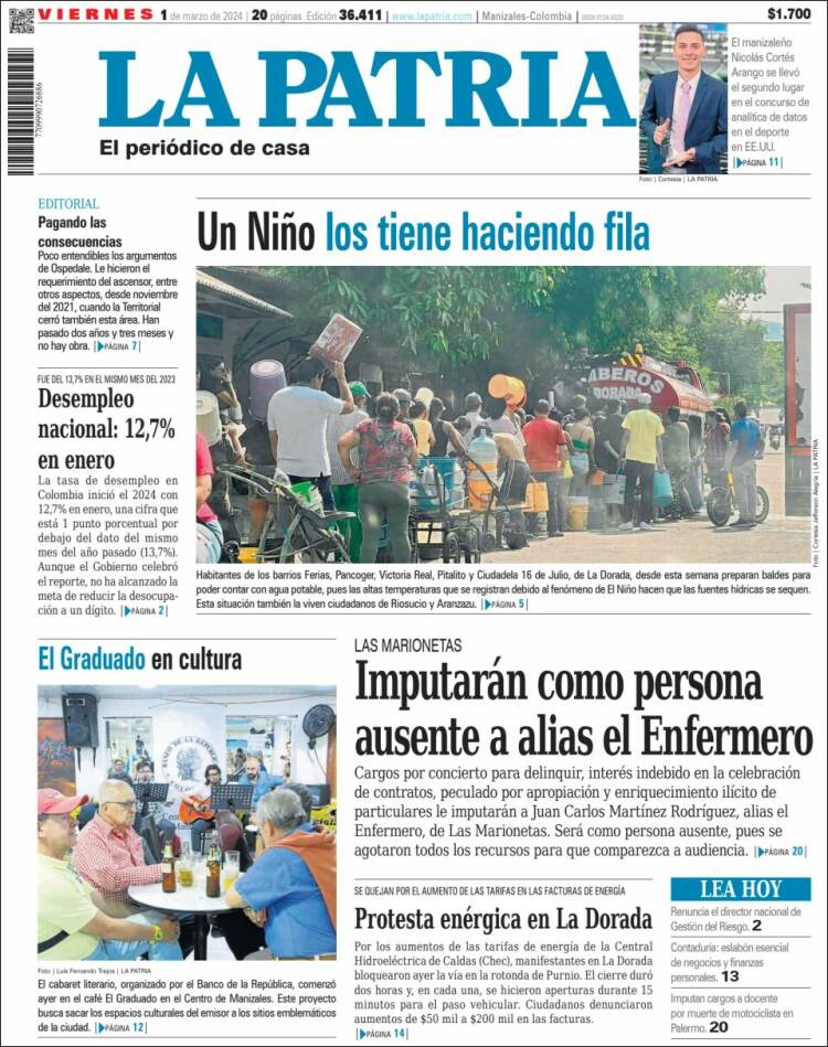 Portada de La Patria (Colombia)