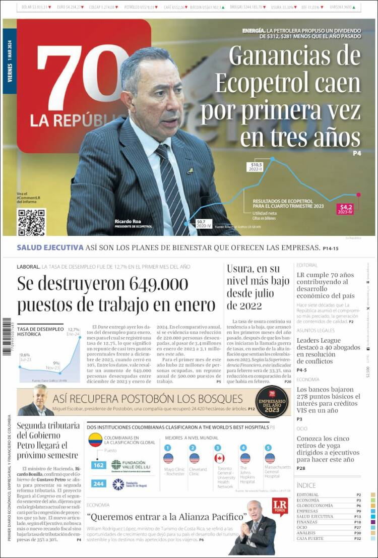 Portada de La Republica (Colombia)