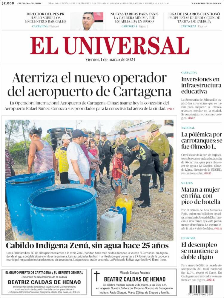 Portada de El Universal (Colombia)