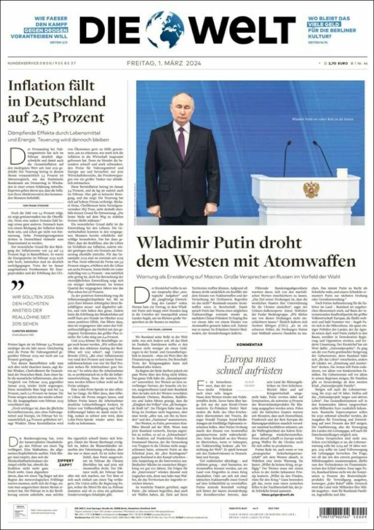Portada de Die Welt (Alemania)
