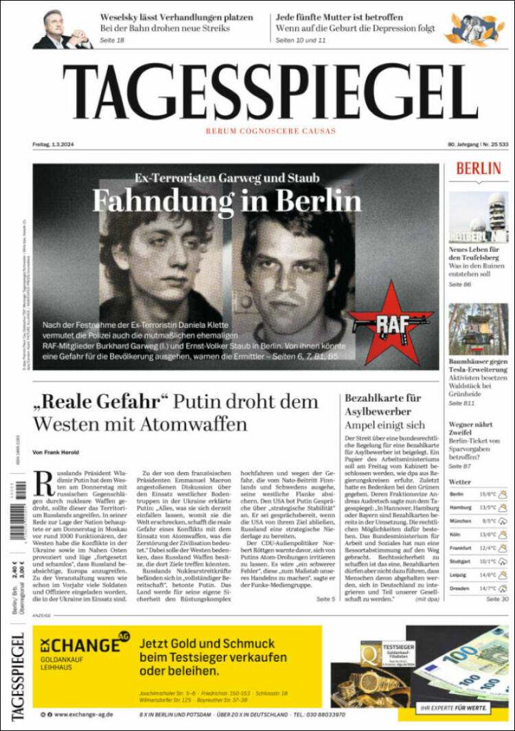 Portada de Der Tagesspiegel (Alemania)