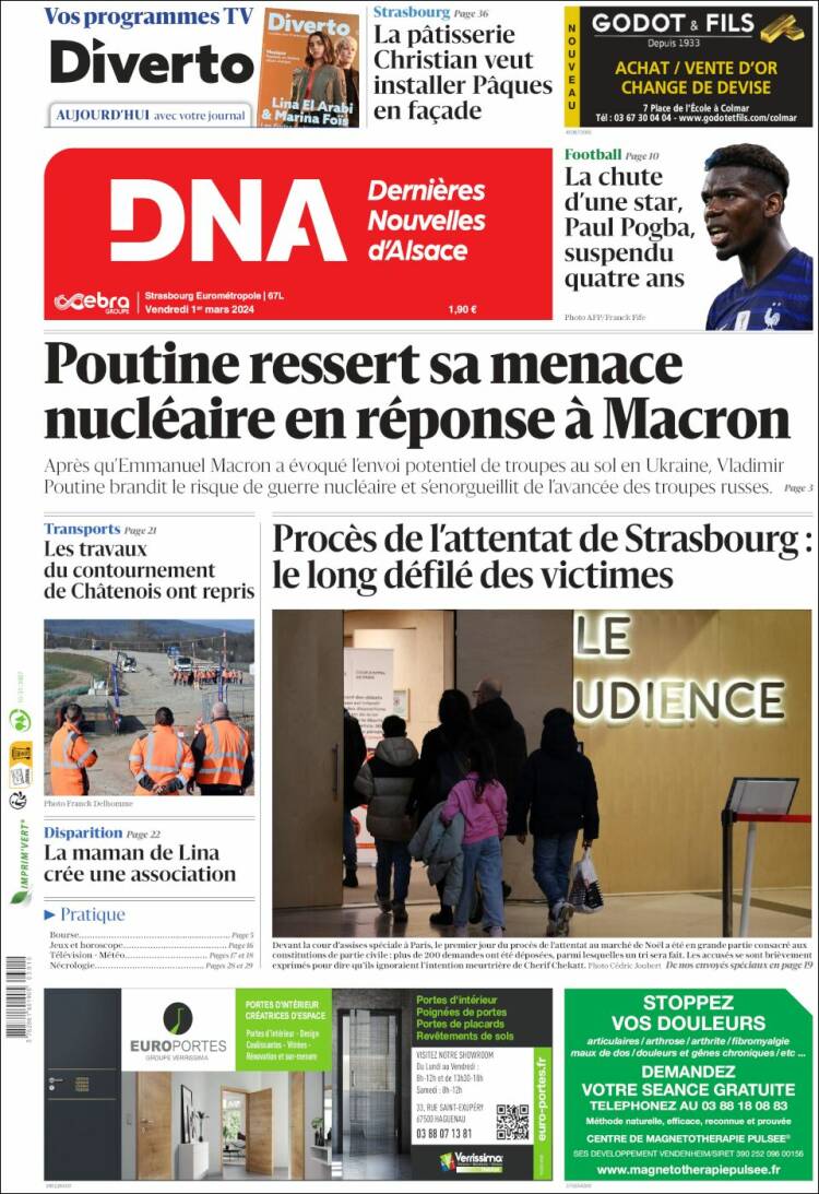 Portada de Les Dernières Nouvelles d'Alsace (Francia)