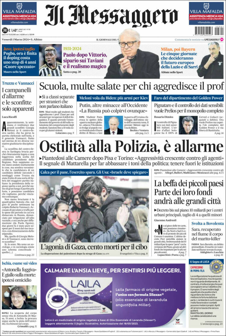 Portada de Il Messaggero (Italia)