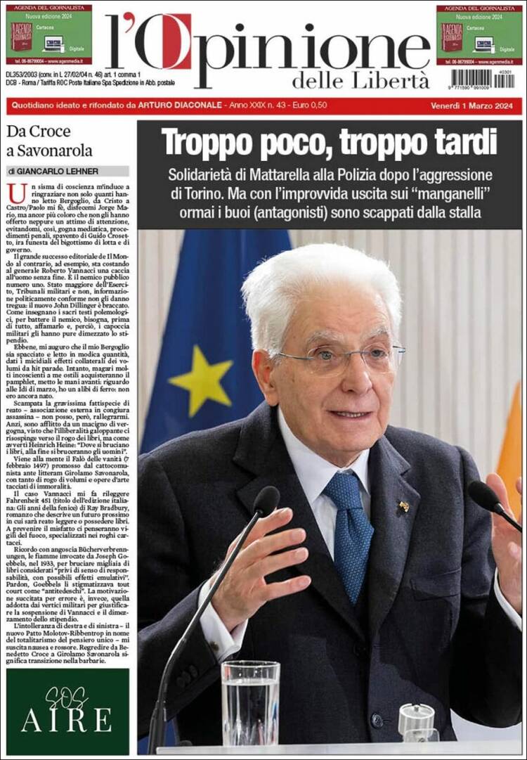 Portada de L'Opinione  delle Libertà (Italia)
