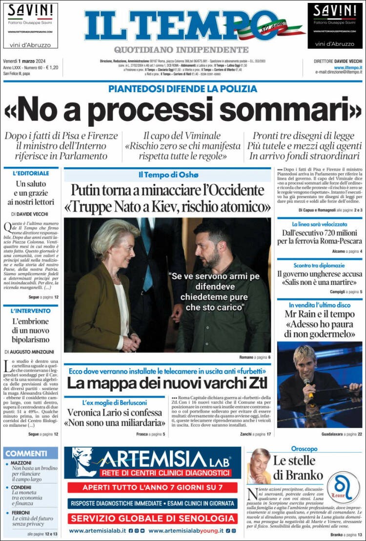 Portada de Il Tempo (Italia)